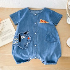 【3M-24M】Neutral Baby Cute Letter And Bear Embroidered Blue Denim Romper