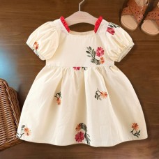 【6M-3Y】Baby Girl Sweet Fashion Floral Embroidery Bubble Sleeve Dress