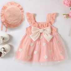 【3M-3Y】2-piece Baby Girl Sweet Butterfly Embroidered Mesh Bow Sleeveless Princess Dress With Hat