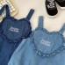 【3M-24M】Baby Girl Cute Letter Embroidered Heart Shape Sleeveless Denim Overalls