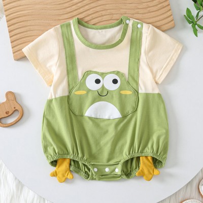 【3M-24M】Unisex Baby Cute Fake Two-piece Frog Splicing Short Sleeves Romper