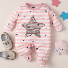 【0M-12M】Baby Girl Pink Striped Star Print Long Sleeve Romper
