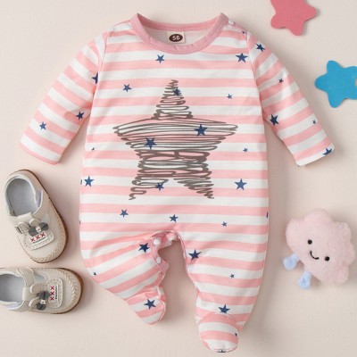 【0M-12M】Baby Girl Pink Striped Star Print Long Sleeve Romper