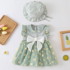【3M-24M】2-piece Baby Girl Plaid Daisy Print Mesh Dress With Hat
