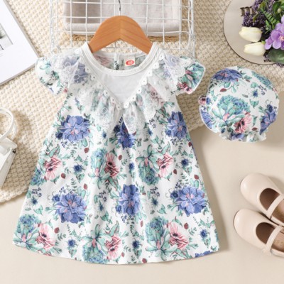 【6M-24M】2-piece Baby Girl Green Floral Short Sleeve Dress With Hat