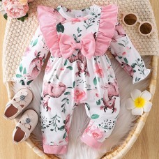 【0M-18M】Baby Girl Fawn Floral Print Long Sleeve Romper