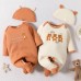 【0M-6M】2-piece Unisex Baby Bear Embroidered Long Sleeve Romper With Hat