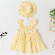 【3M-24M】2-piece Baby Girl Cotton Lace Embroidered Daisy Print Dress With Hat